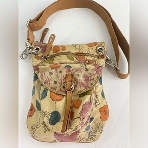 Fossil vintage floral canvas crossbody bag adjustable strap brown leather accent